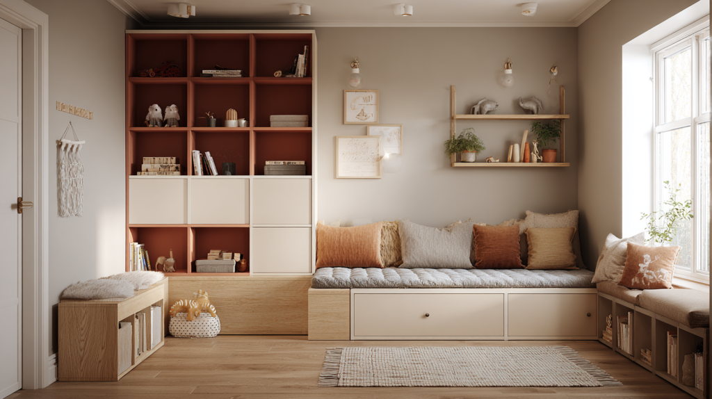 kids room with modular low bed and reading corner in earthy neutral tones