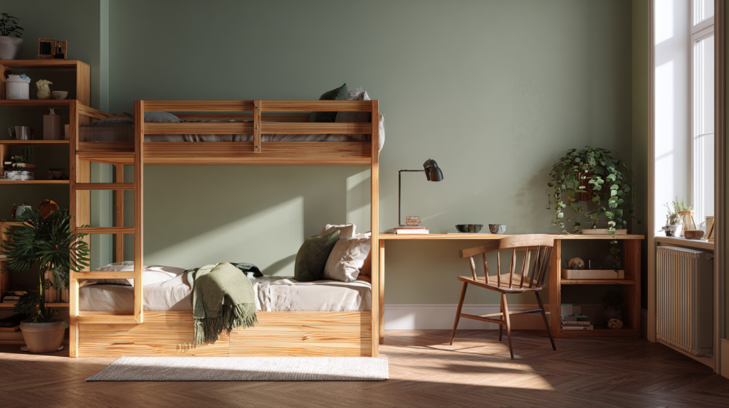 kids room bunk bed with integrated desk area and sage green walls