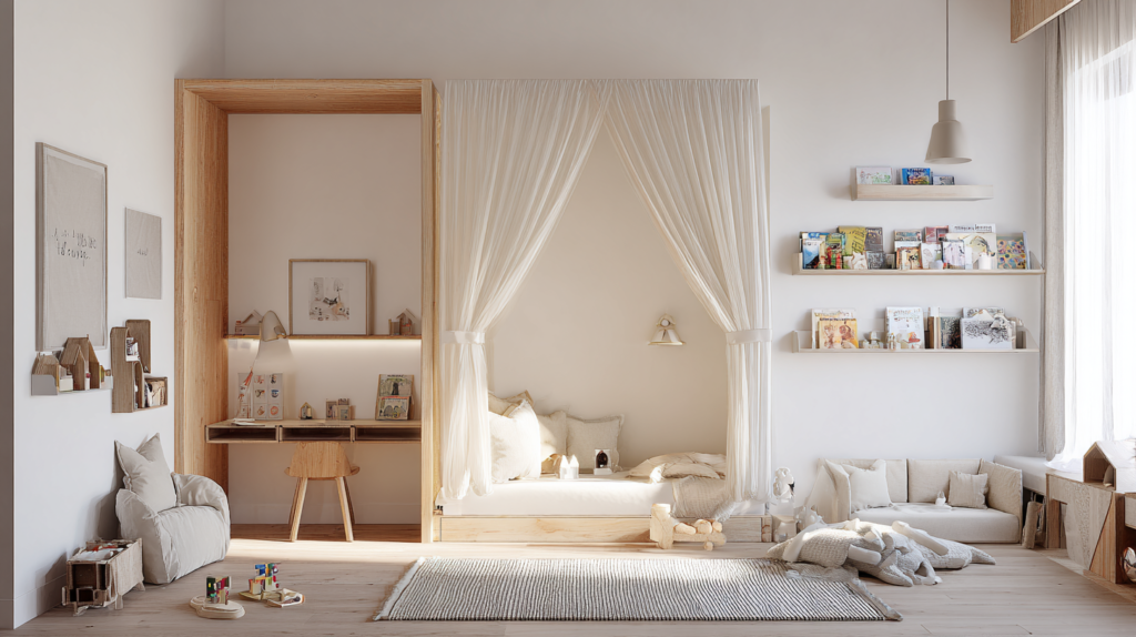 kids room zoned into sleep play and study areas in small bedroom