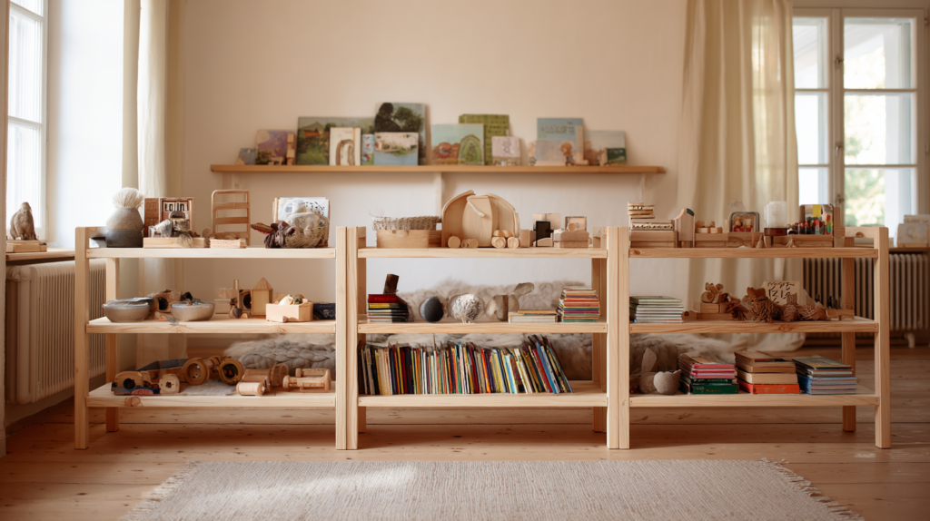 kids room Montessori low shelving storage in natural wood at child height