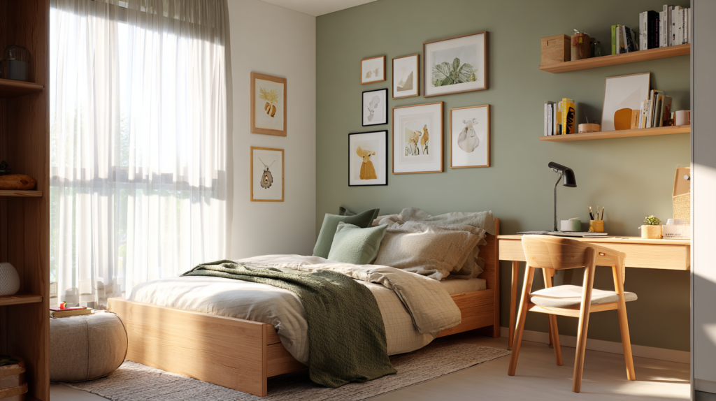 kids room designed for older child with sage green wall natural wood and gallery wall