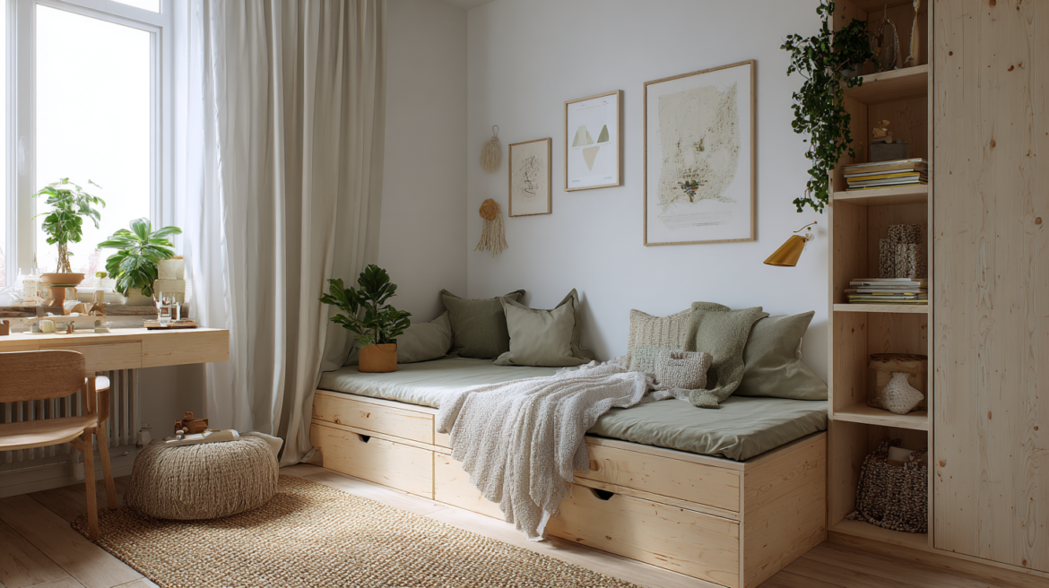 kids room with modular natural wood bed and built-in storage growing with child