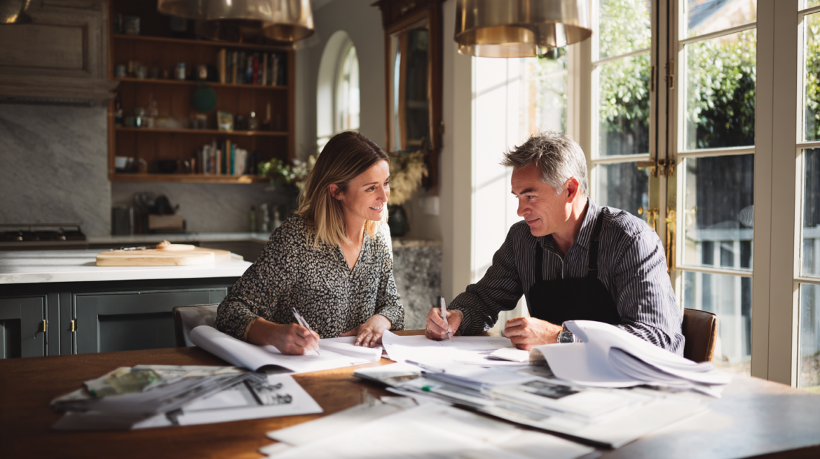homeowner interviewing a kitchen contractor at a table with renovation plans