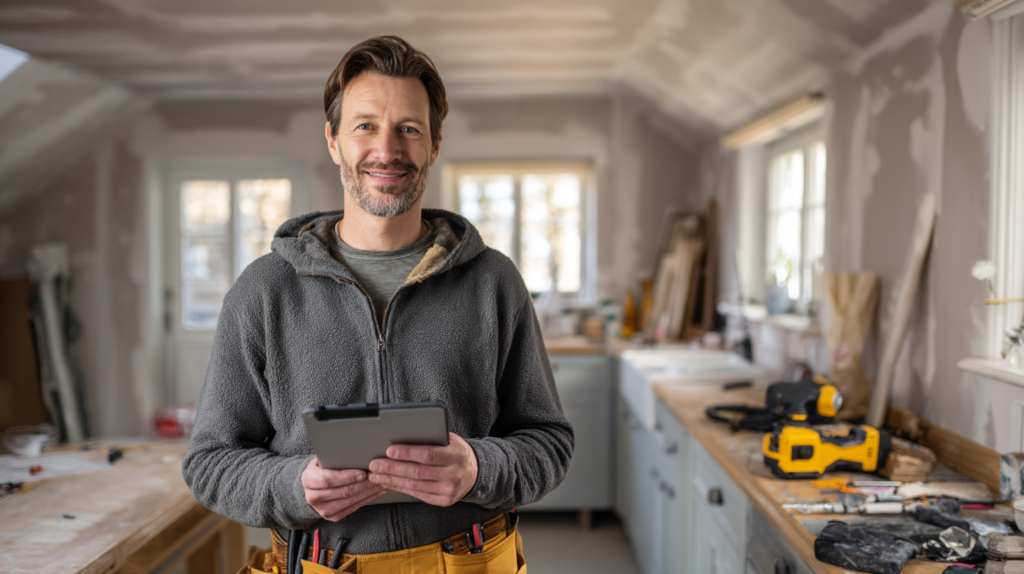 professional kitchen contractor reviewing plans on tablet in a partially renovated kitchen
