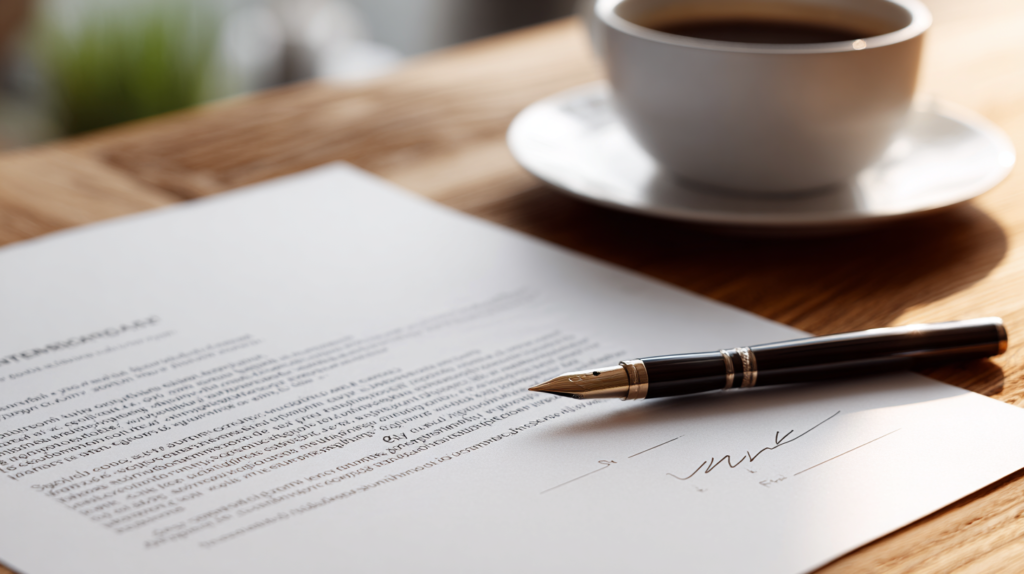 kitchen contractor agreement contract on a table with pen — reviewing before signing