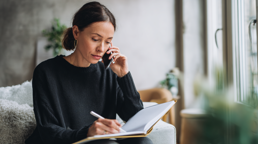 homeowner calling kitchen contractor references while taking notes in a Nordic living room