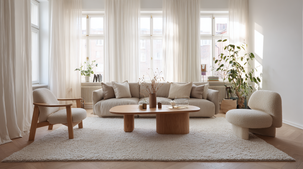 wrong rug size — furniture floating off edges of a too-small area rug in a Scandinavian living room