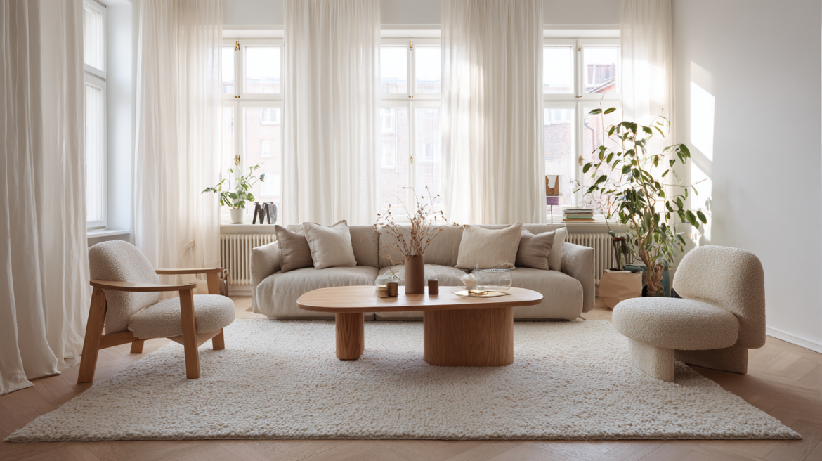 correct rug size in a Scandinavian living room — 230×300 cm cream area rug anchoring all furniture