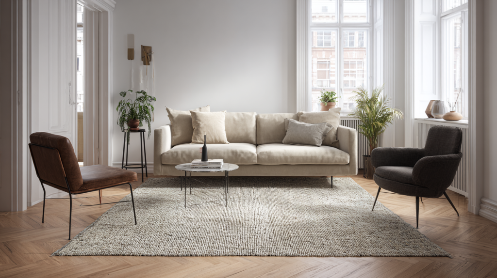 correct rug size 230×300 cm — all furniture legs anchored in a cohesive modern living room
