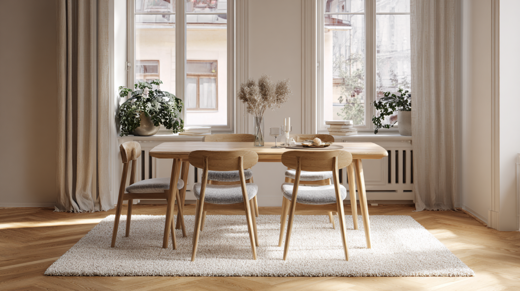 dining room rug size — chairs pulled out with all legs still on the correctly sized rug