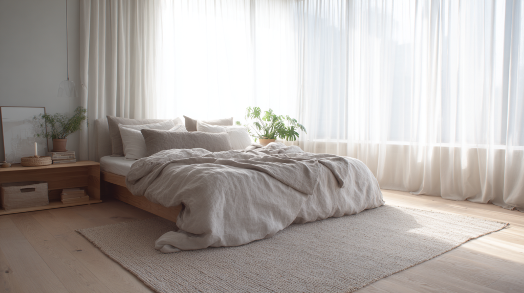 For smaller bedrooms or twin/double beds: a rug size of 150×240 cm or 180×270 cm can work, placed under the lower two-thirds of the bed only.
