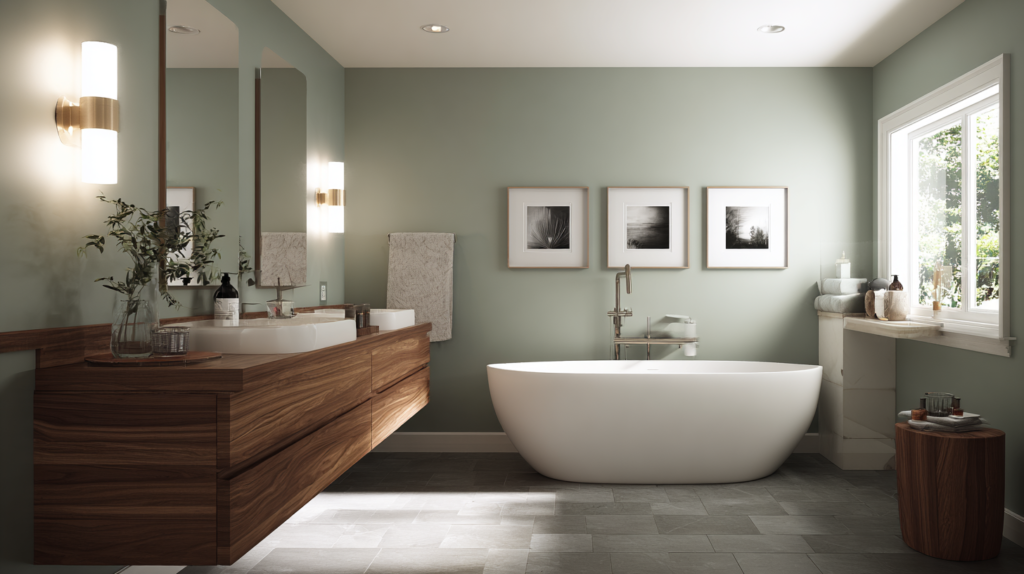 spa bathroom layout with sage green walls and freestanding bathtub