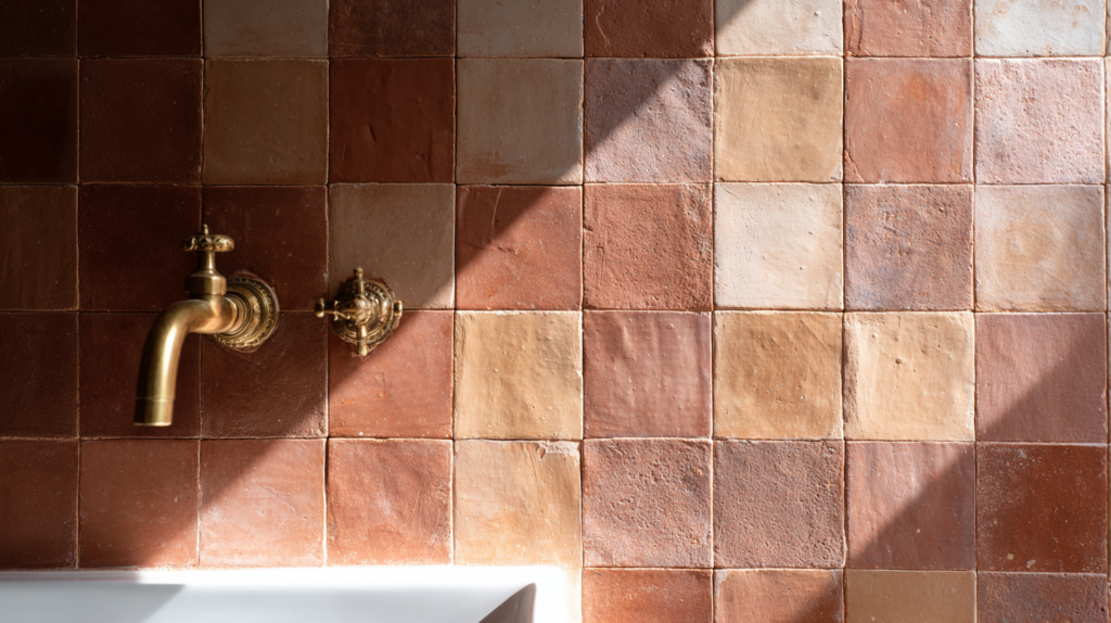 bathroom with zellige terracotta tiles and brass tap