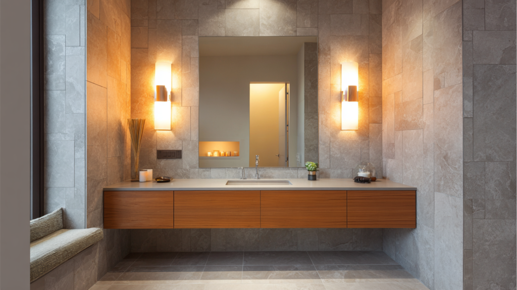 bathroom with layered lighting wall sconces and under-vanity LED glow