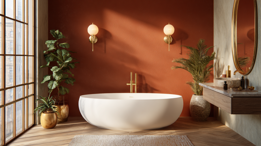 full spa bathroom with terracotta accent wall freestanding tub and brass tap