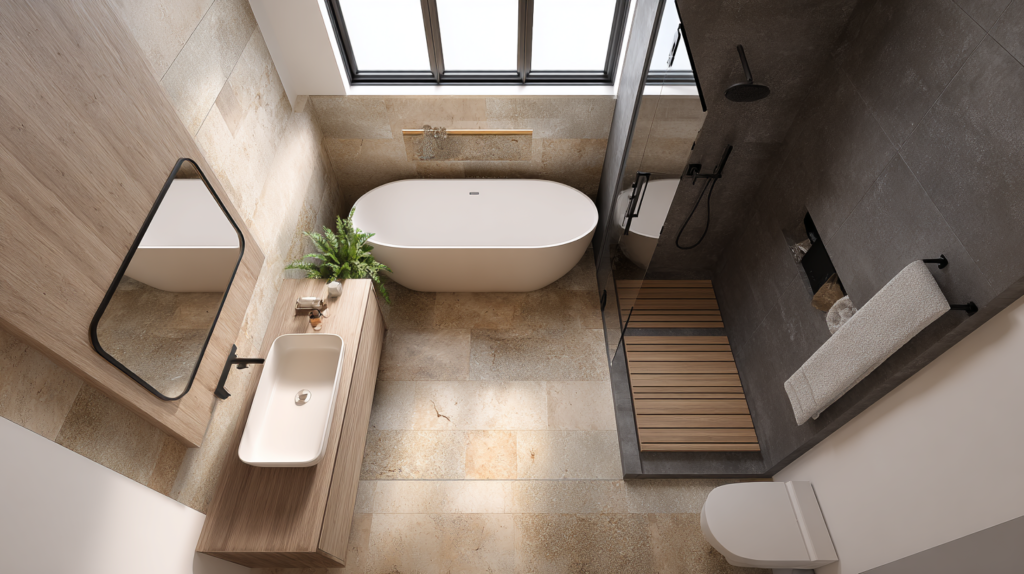 overhead view of spa bathroom layout with freestanding bath and walk-in shower