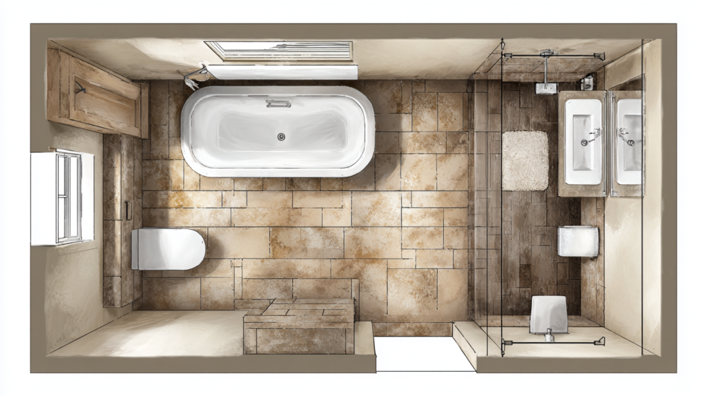 bathroom layout floor plan showing freestanding bath floating vanity and walk-in shower clearances