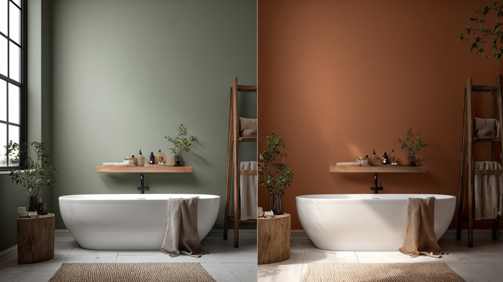 bathroom colour comparison all-white versus warm terracotta and sage green palette