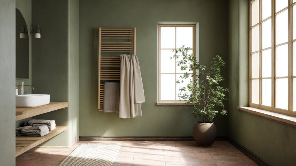 bathroom with sage green limewash walls terracotta floor tiles and oak towel rail