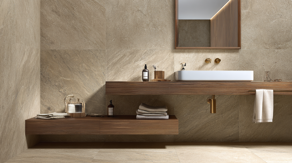 bathroom large format porcelain tiles with oak floating vanity and brushed brass fixtures