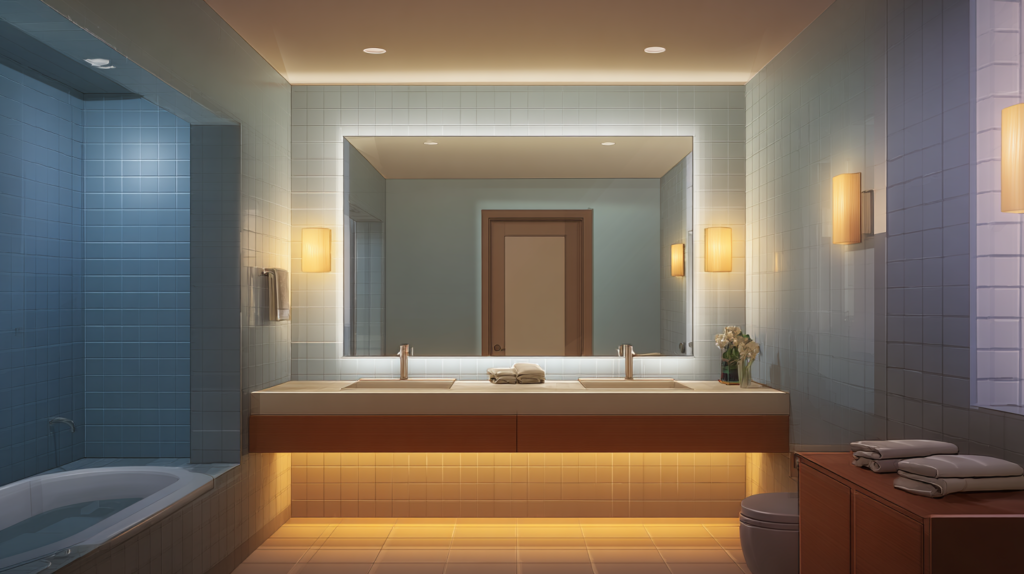 bathroom layered lighting showing ambient ceiling light mirror sconces and under-vanity LED strip
