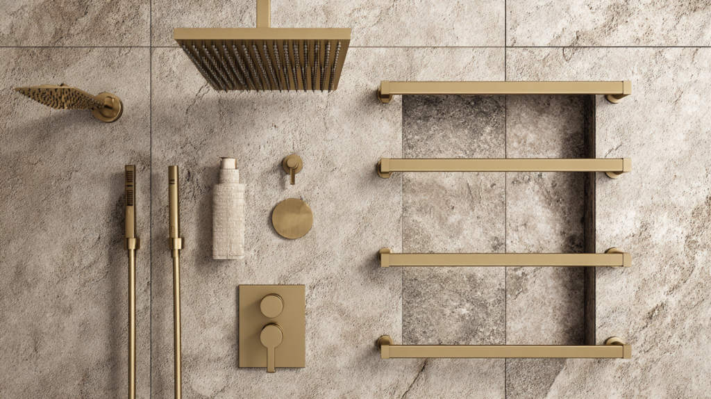 bathroom premium fittings thermostatic shower brass tap full vanity mirror recessed niche and towel rail