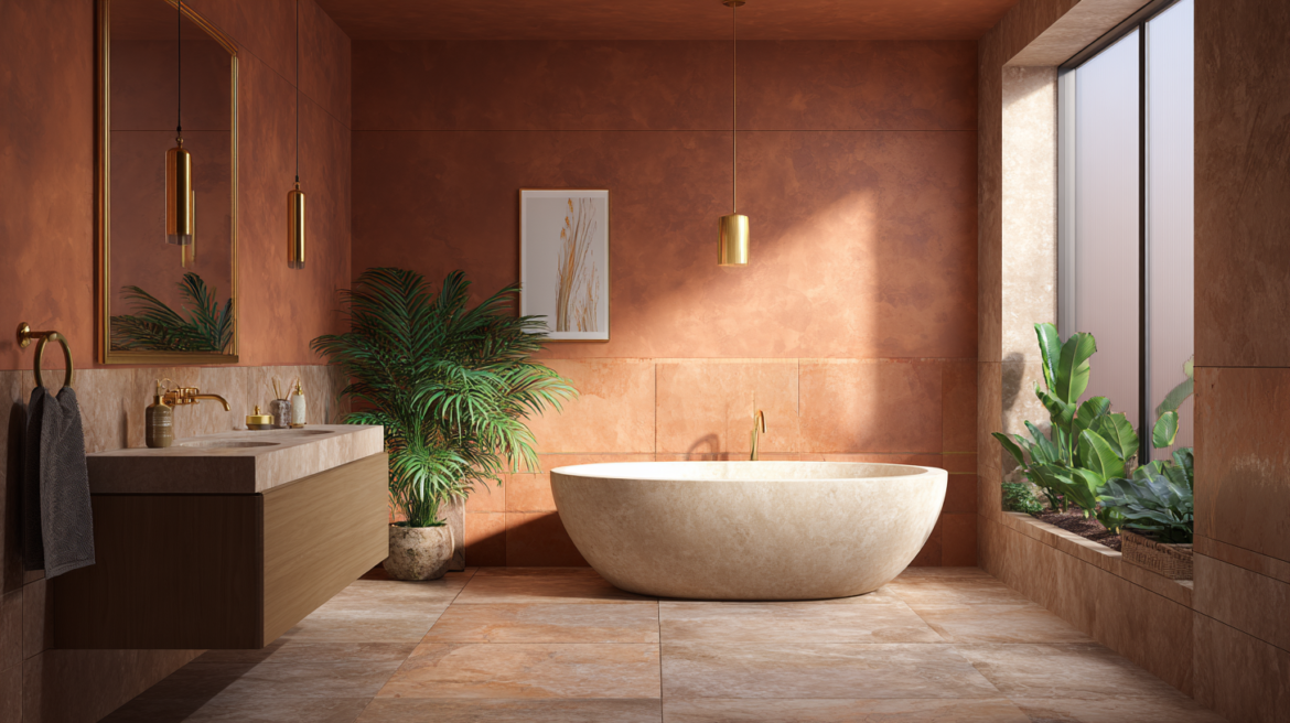 spa bathroom with terracotta tiles freestanding tub and brass fixtures