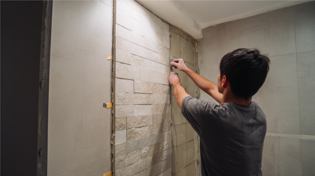 professional tiler installing large format tiles on waterproofed shower wall during bathroom renovation