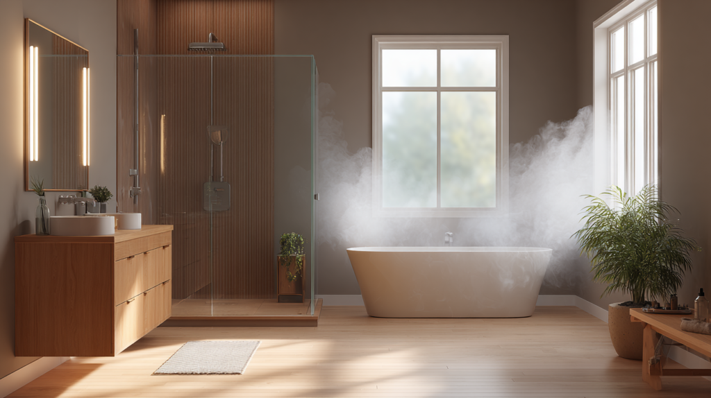spa bathroom in morning light with rainfall shower steam freestanding bathtub and oak vanity